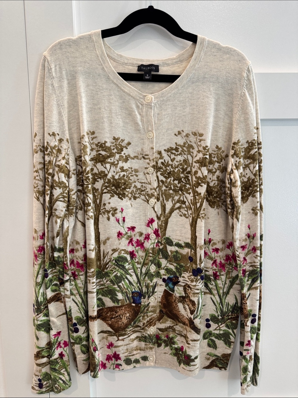 Talbots Cream Button-Front Cardigan with Botanical & Pheasant Print